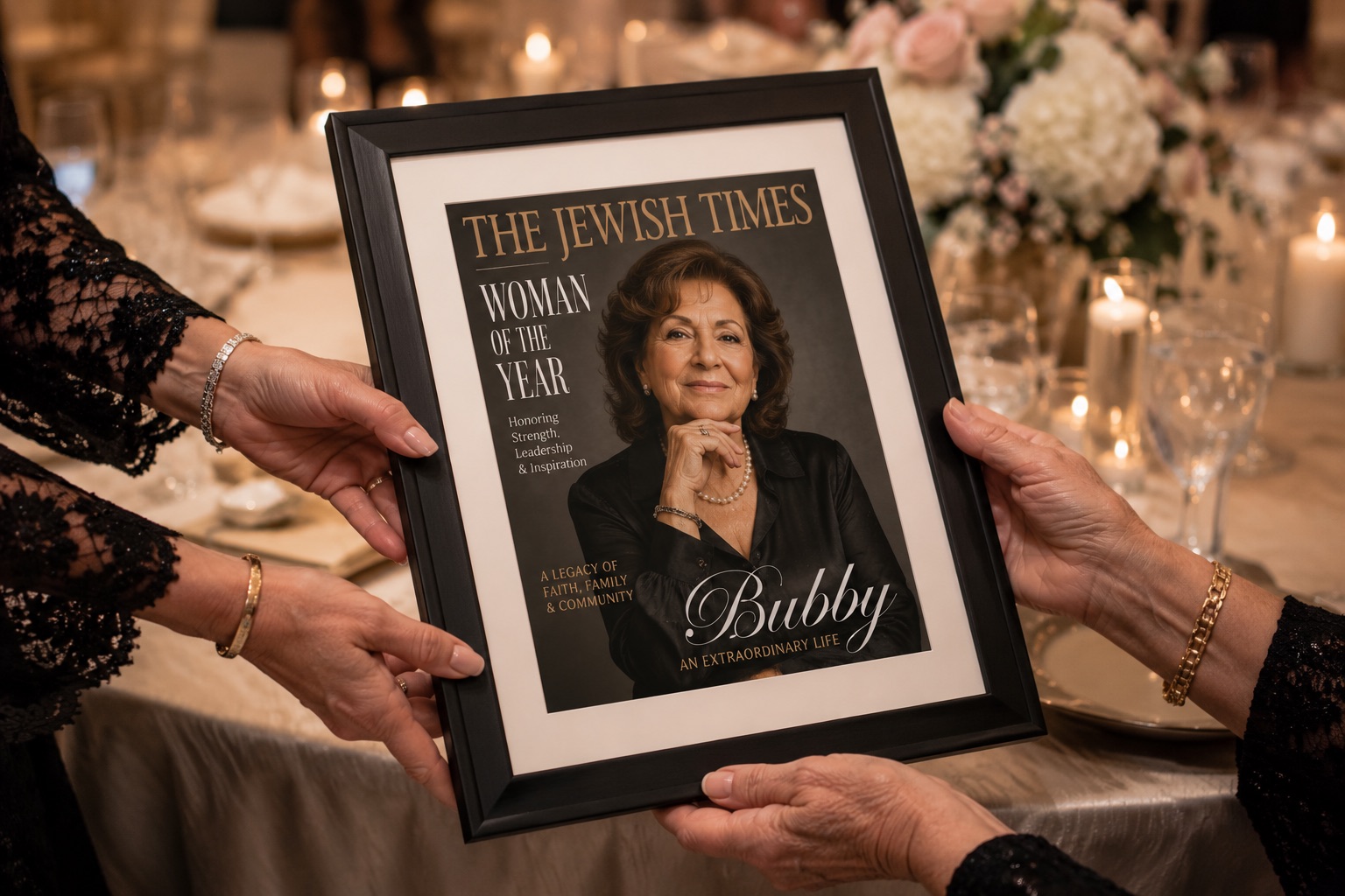Framed magazine-style portrait being handed to a guest