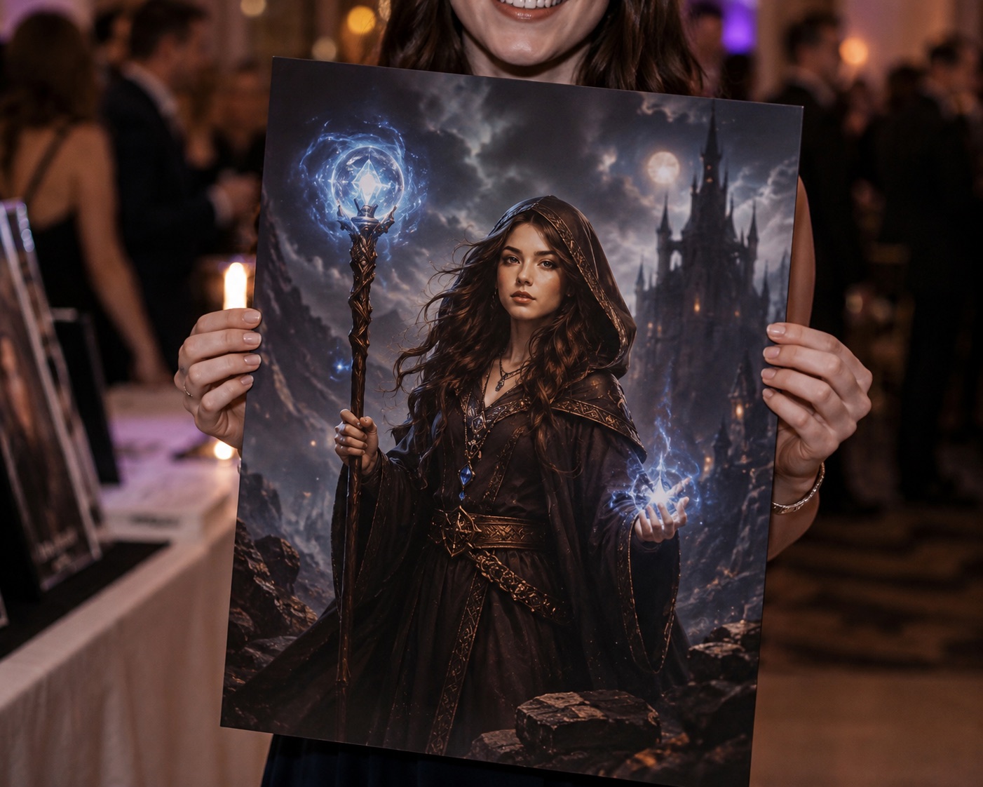 Guest holding a fantasy mage custom portrait