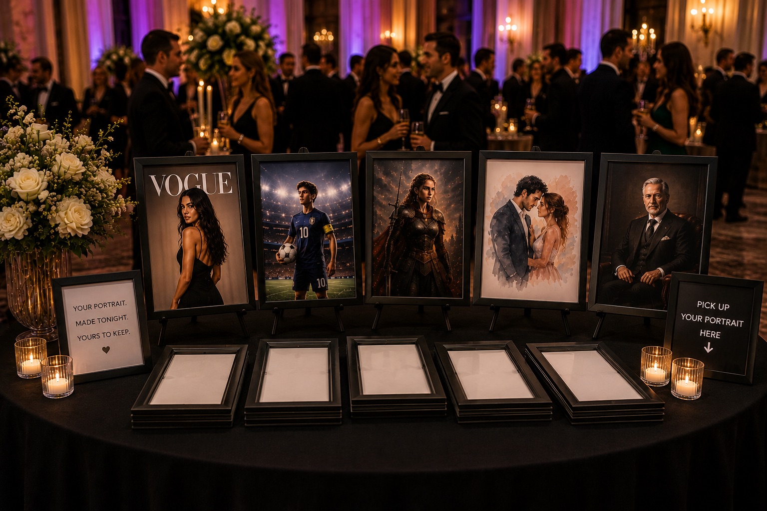 Luxury ballroom event with guests viewing custom portrait displays