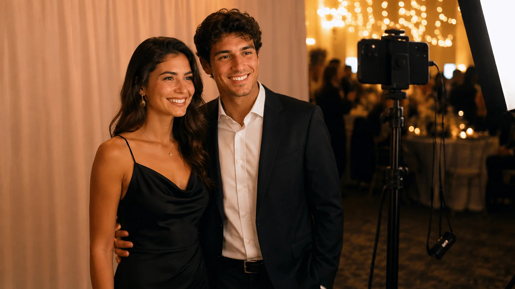 A couple posing at a staffed portrait camera setup