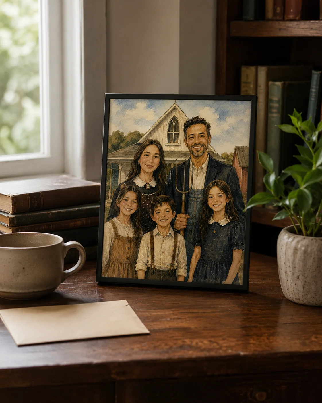 Framed rural family portrait in a warm home office