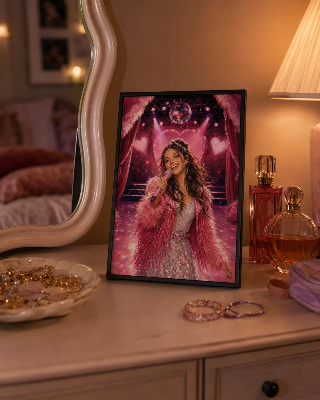 Framed pink pop-stage portrait in a teenager's bedroom