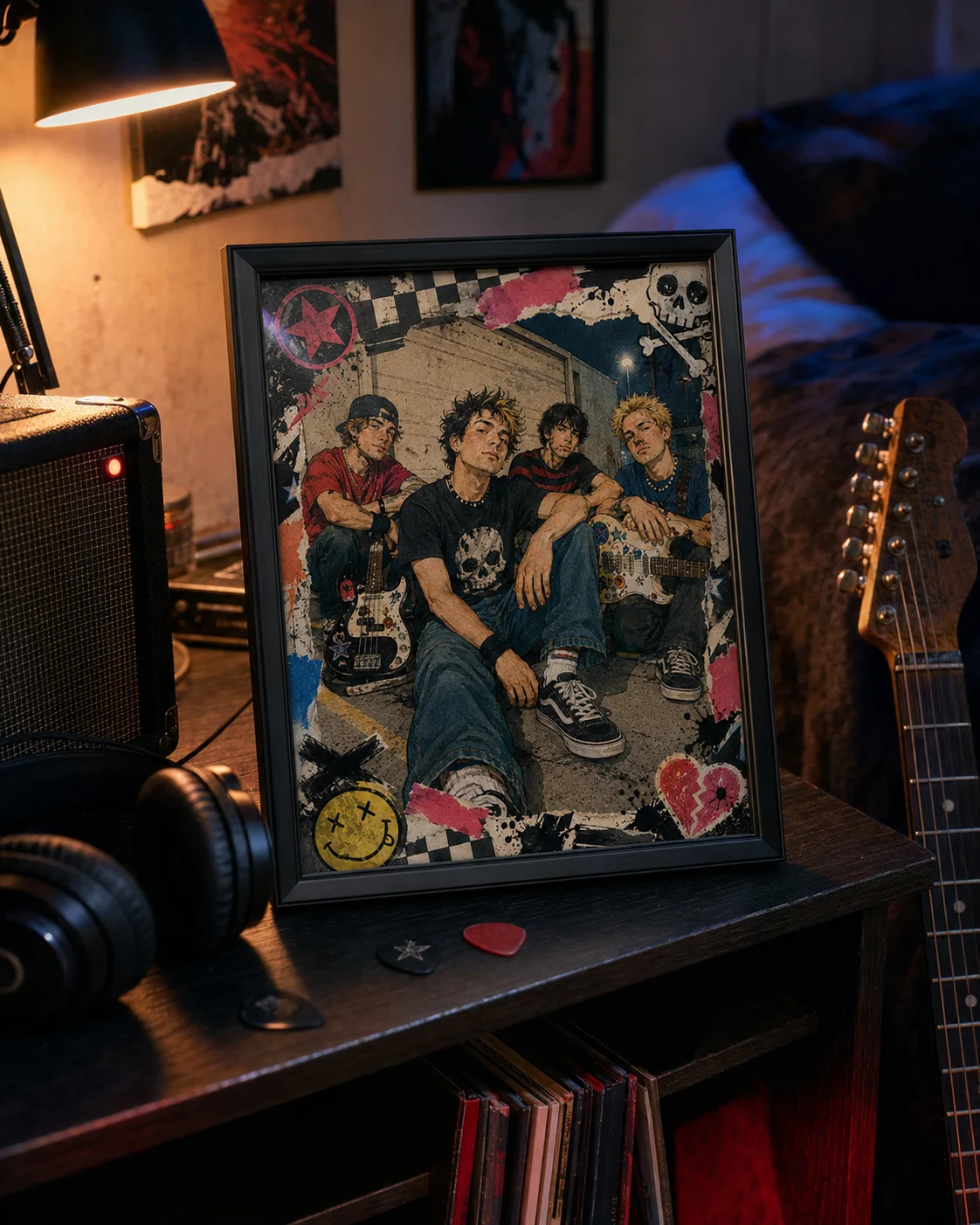 Framed pop-punk group portrait in a teenager's music room