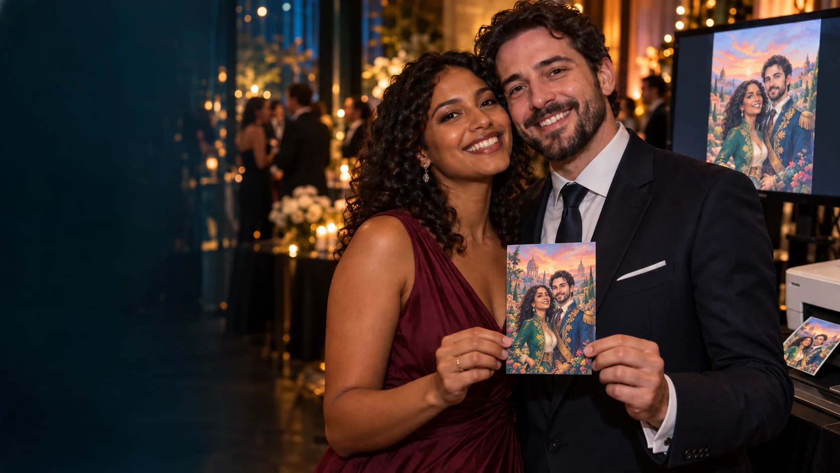 Illustrated event concept: a couple holding their colourful royal portrait beside its screen reveal and a photo printer