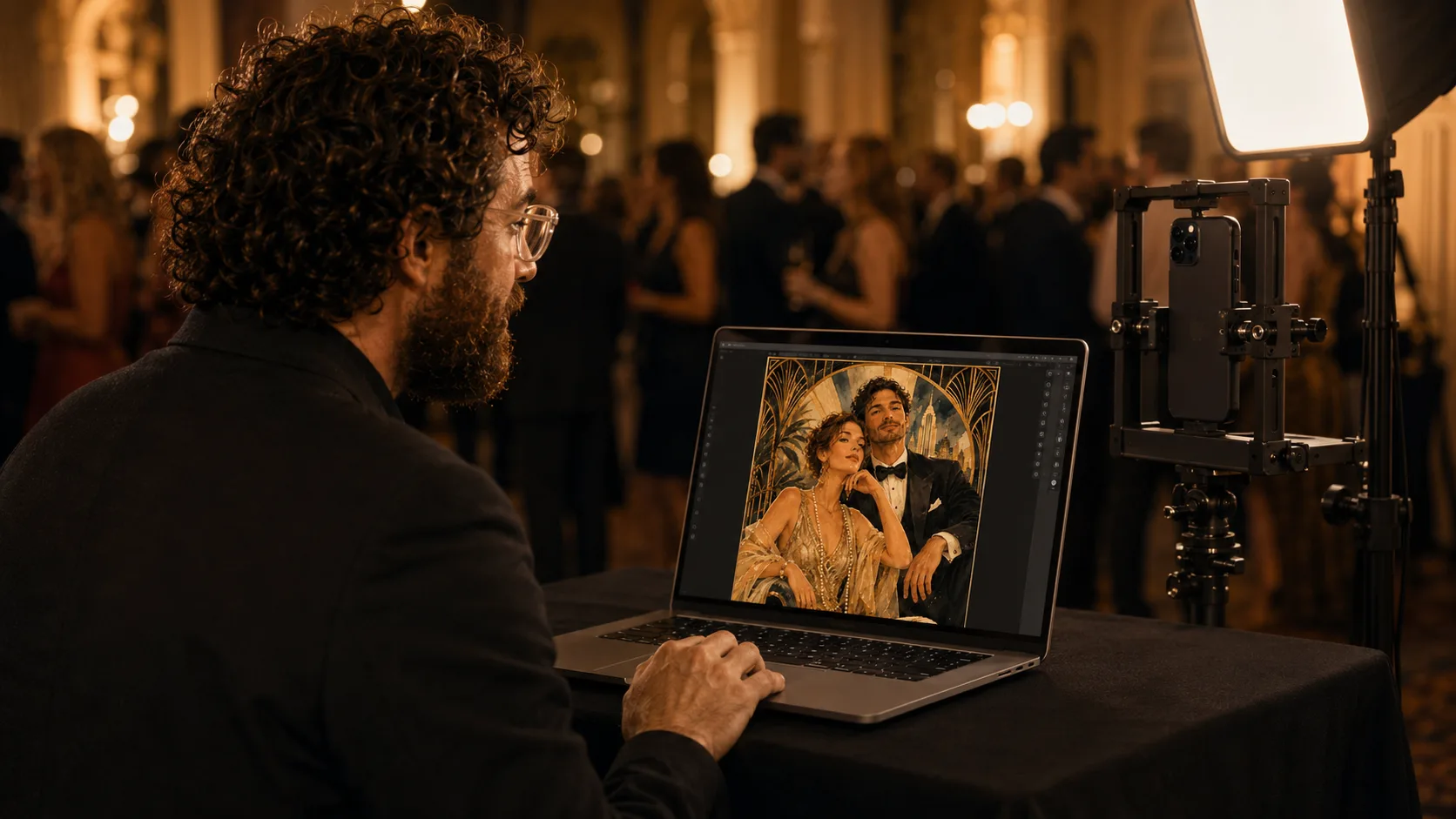 An owner reviewing a portrait on an event workstation