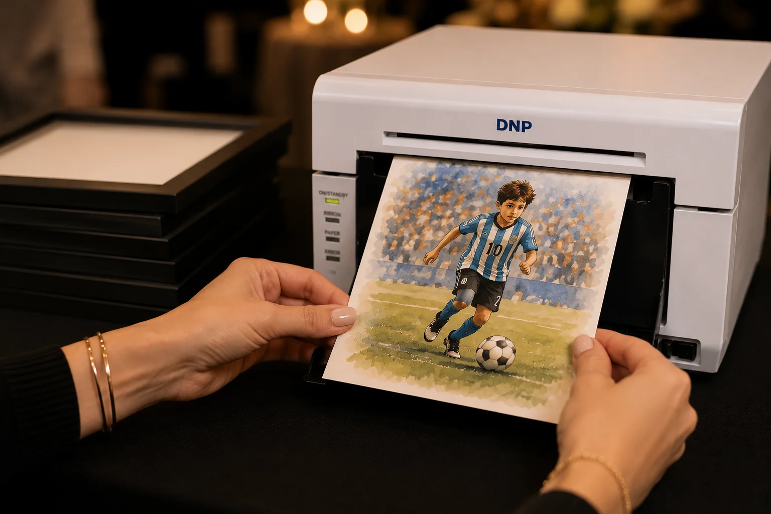 A full-size portrait being collected from a professional printer