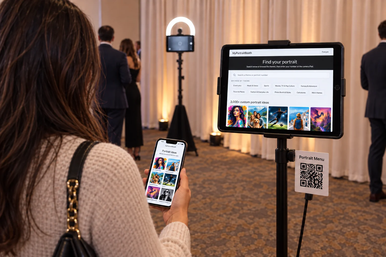 Illustrated booth setup: a guest browses portrait ideas on her phone beside the portrait-menu iPad and its scan-to-browse QR sign
