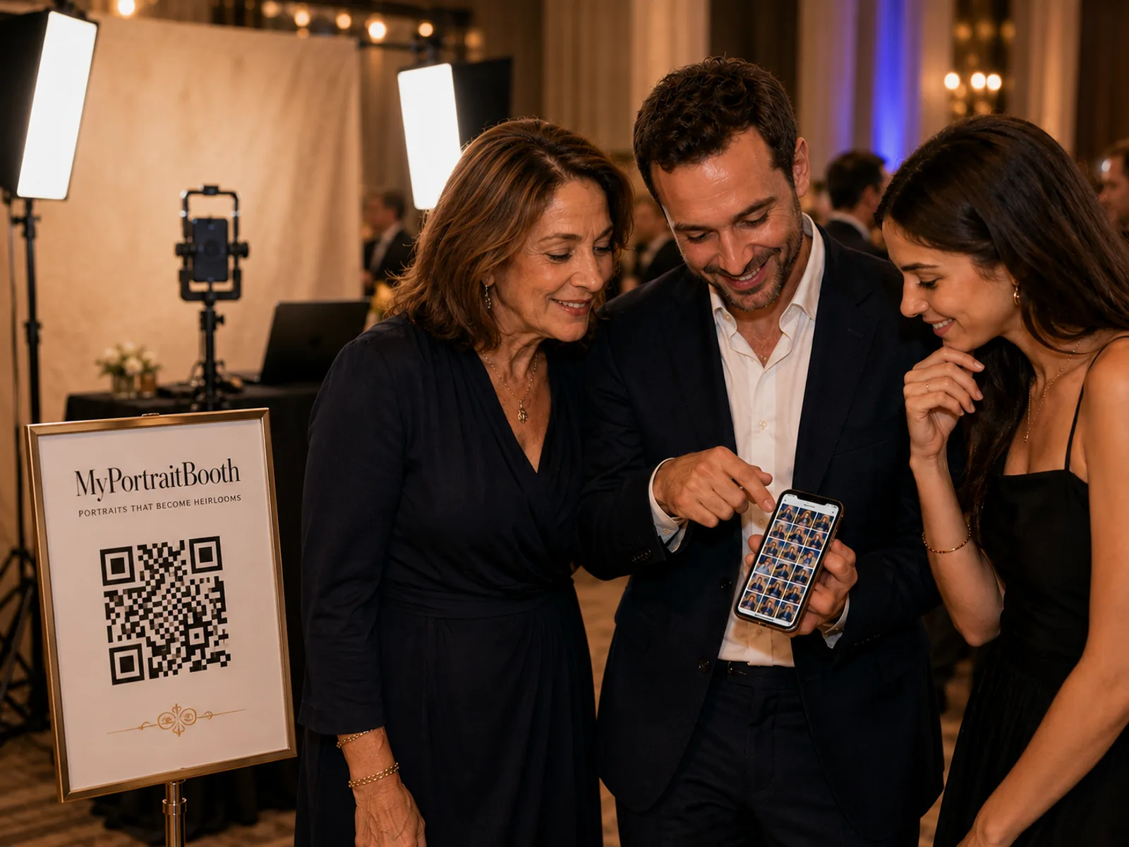 Guests scanning a portrait-area QR sign and browsing ideas